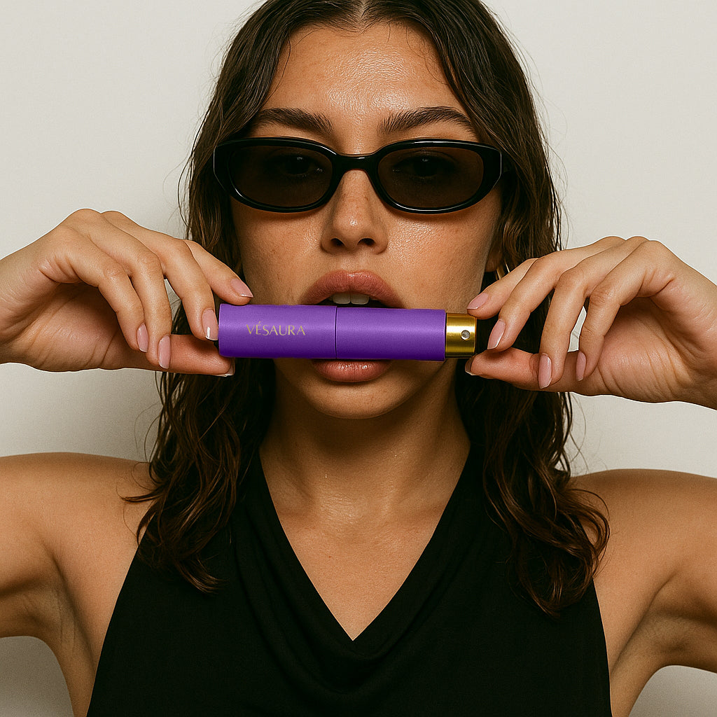 Stylish brunette model with curly hair and sunglasses, playfully biting the Vésaura amethyst perfume case, highlighting the chic and bold spirit of Vésaura.