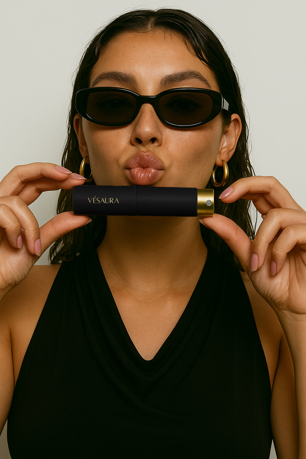 Brunette model with curly hair and sunglasses, kissing toward the camera while holding the sleek Vésaura Onyx perfume case, capturing a confident and playful vibe.
