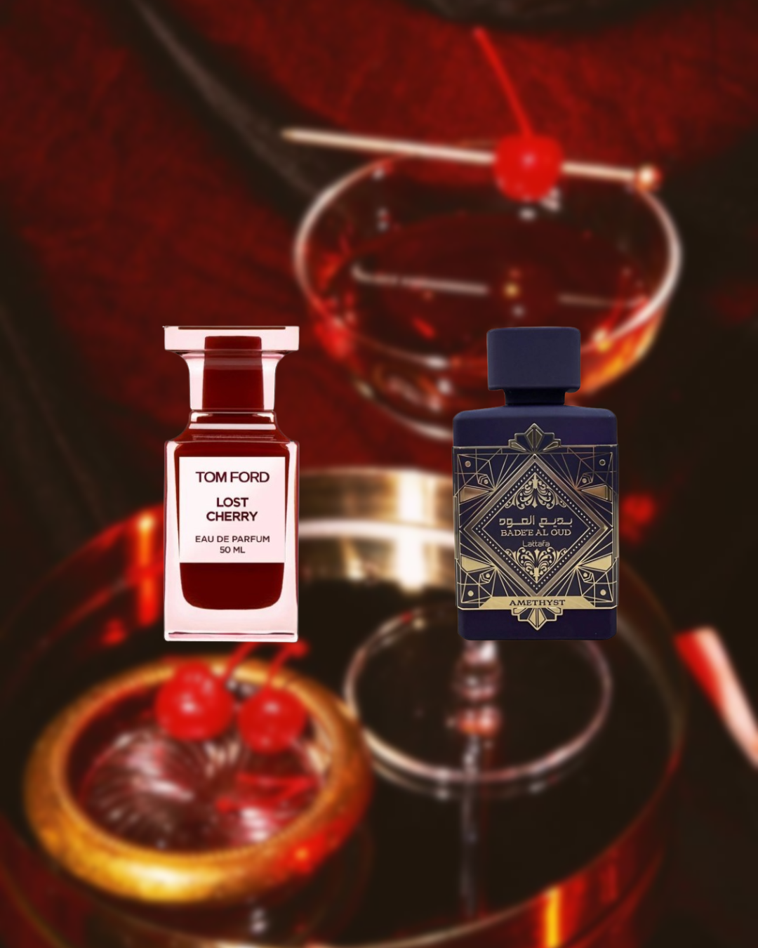 Stylish composition featuring two men’s perfumes — Tom Ford Lost Cherry and Lattafa Bade´e Al Oud Amethyst — from the Vésaura layering bundle, set against a bold and modern background, designed to inspire unique fragrance combinations.
