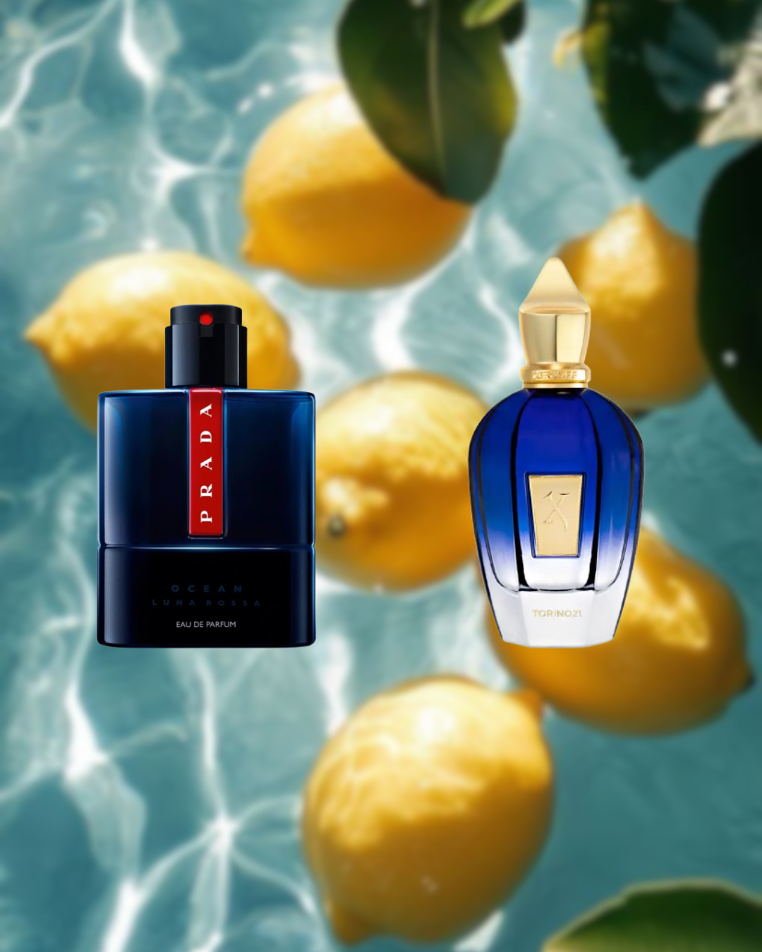Stylish composition featuring two men’s perfumes — Prada Luna Rossa Ocean and Xerjoff Torino21 — from the Vésaura layering bundle, set against a bold and modern background, designed to inspire unique fragrance combinations.
