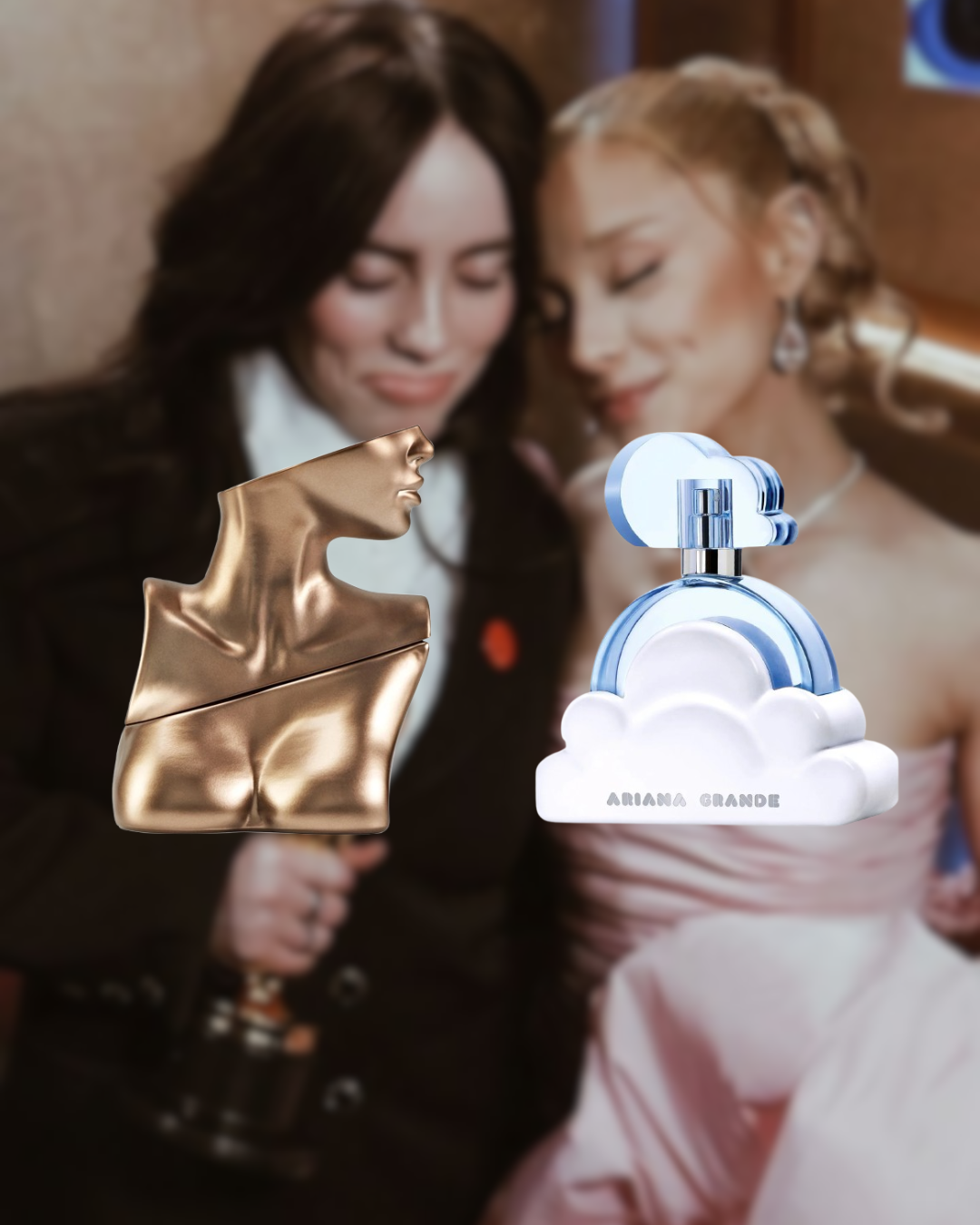 Stylish composition featuring two men’s perfumes — Billie Eilish Eilish and Ariana Grande Cloud — from the Vésaura layering bundle, set against a bold and modern background, designed to inspire unique fragrance combinations.