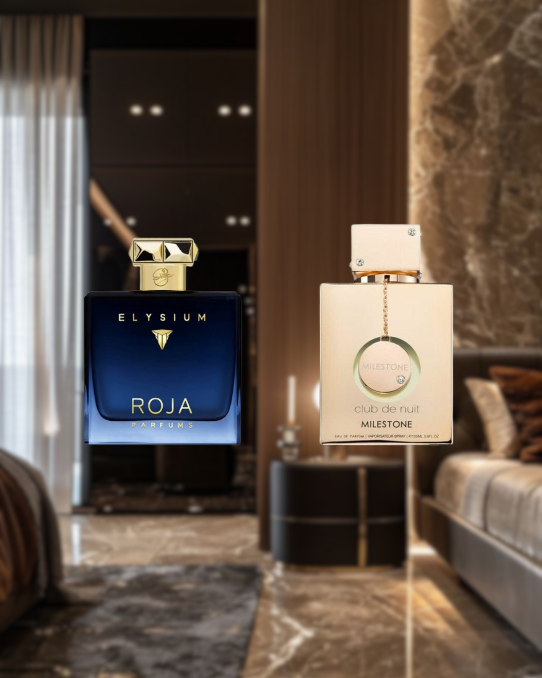 Stylish composition featuring two men’s perfumes — Roja Elysium Pour Homme and Armaf Club de Nuit Milestone — from the Vésaura layering bundle, set against a bold and modern background, designed to inspire unique fragrance combinations.