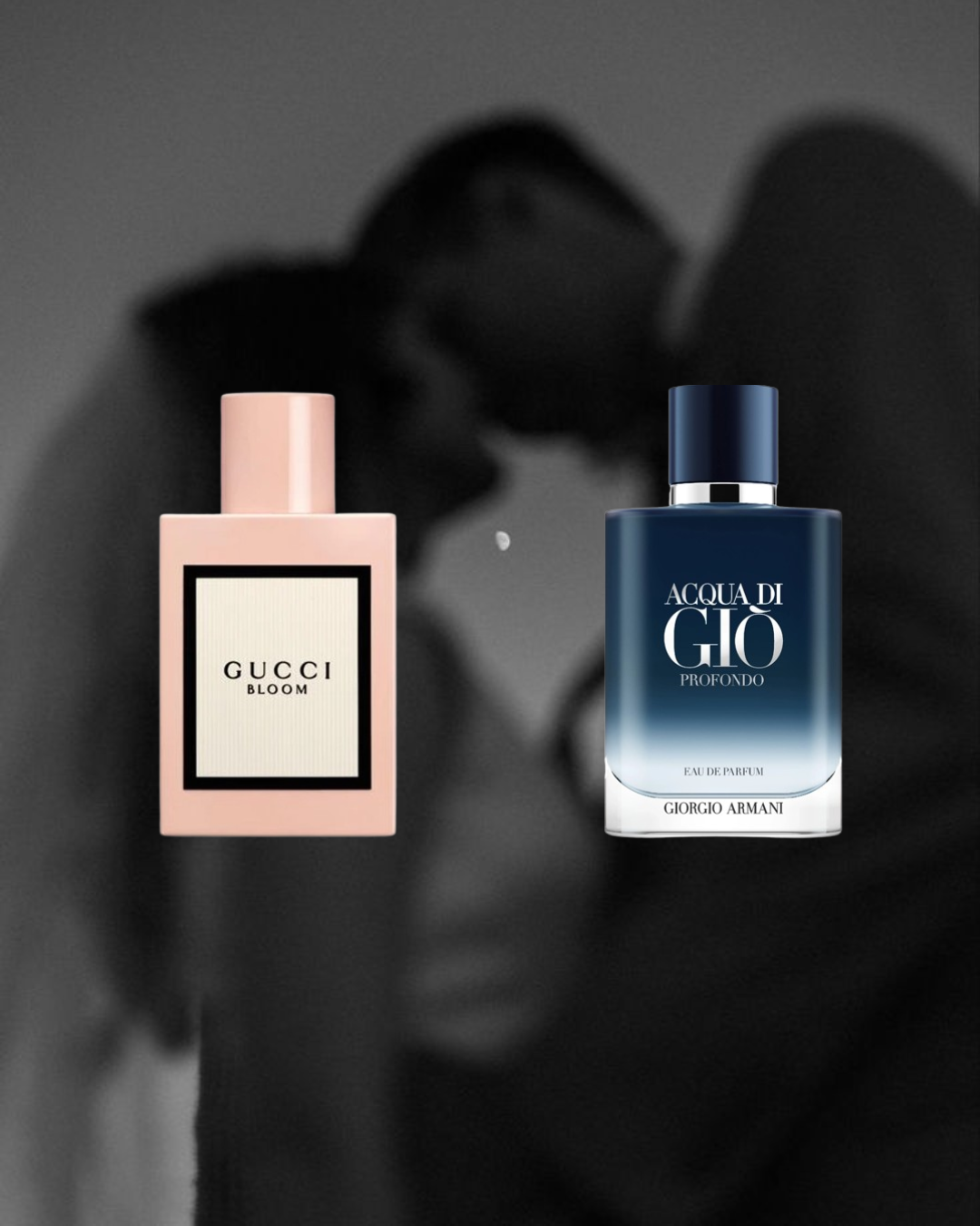 Black and white background of a couple about to kiss, with two Vésaura perfumes in color in the foreground: Gucci Bloom and Acqua di Gio Profondo, representing a romantic and elegant fragrance bundle.