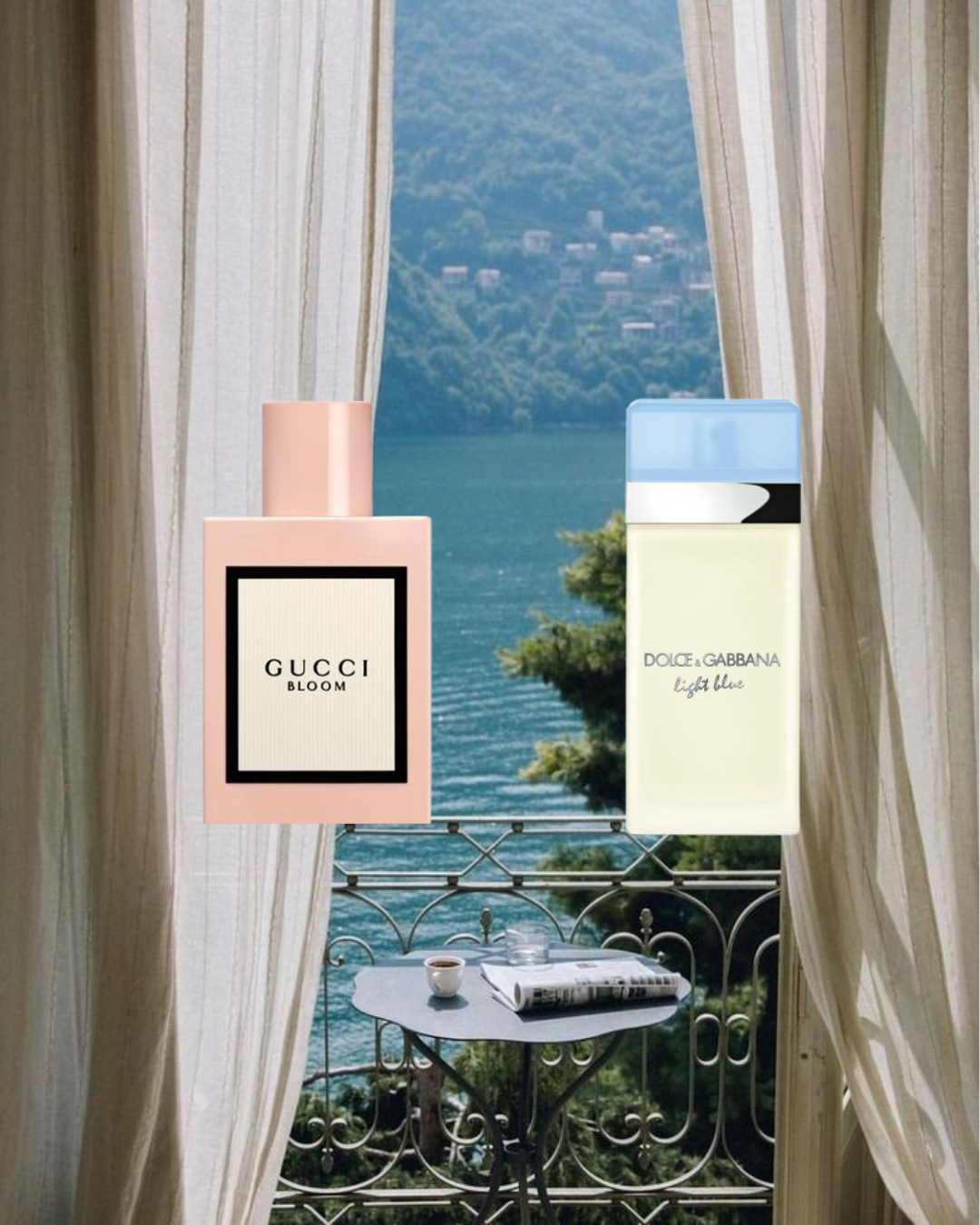 Stylish composition featuring two men’s perfumes — Gucci Bloom and Dolce & Gabbana Light Blue — from the Vésaura layering bundle, set against a bold and modern background, designed to inspire unique fragrance combinations.