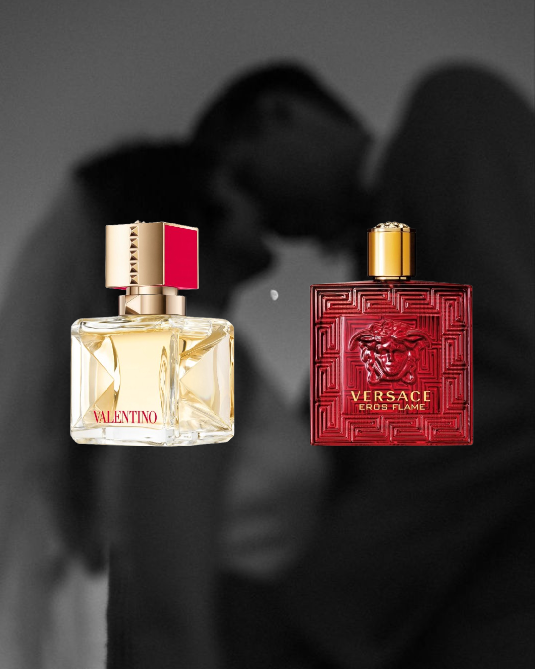 Black and white background of a couple about to kiss, with two Vésaura perfumes in color in the foreground: Valentino Voce Viva and Versace Eros Flame, representing a romantic and elegant fragrance bundle.
