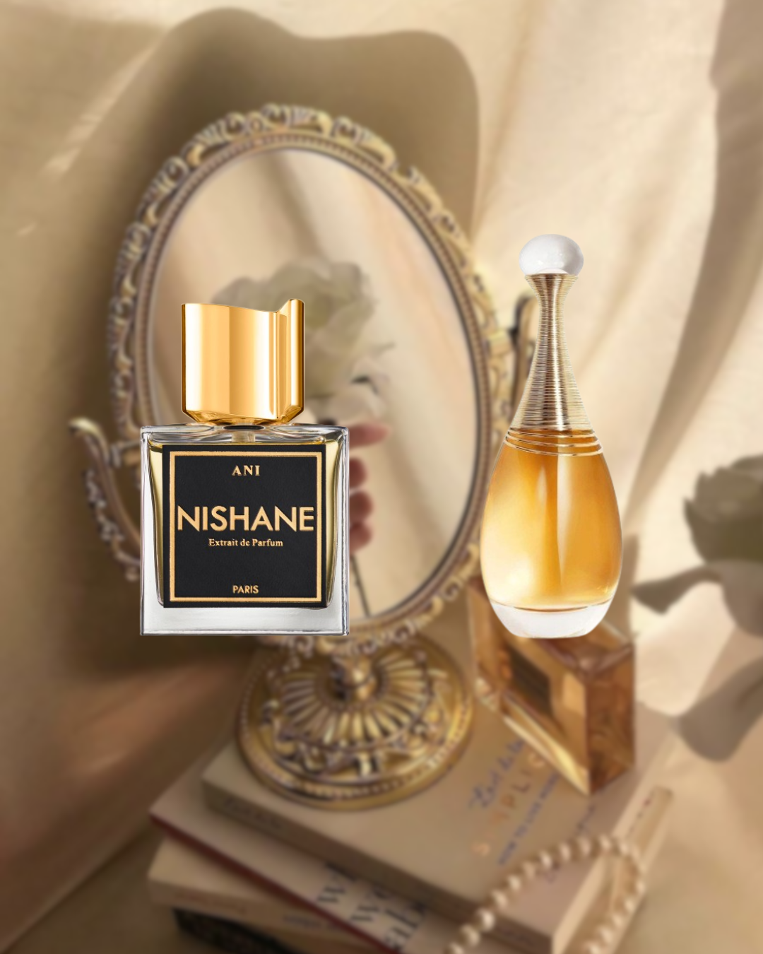 Stylish composition featuring two men’s perfumes — Nishane Ani and Dior J'adore — from the Vésaura layering bundle, set against a bold and modern background, designed to inspire unique fragrance combinations.