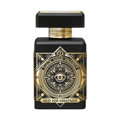 A sophisticated bottle of Initio Parfums Prives Oud for Greatness, featuring its sleek design and deep, dark tones, set against a transparent background, embodying the bold and luxurious essence of oud.