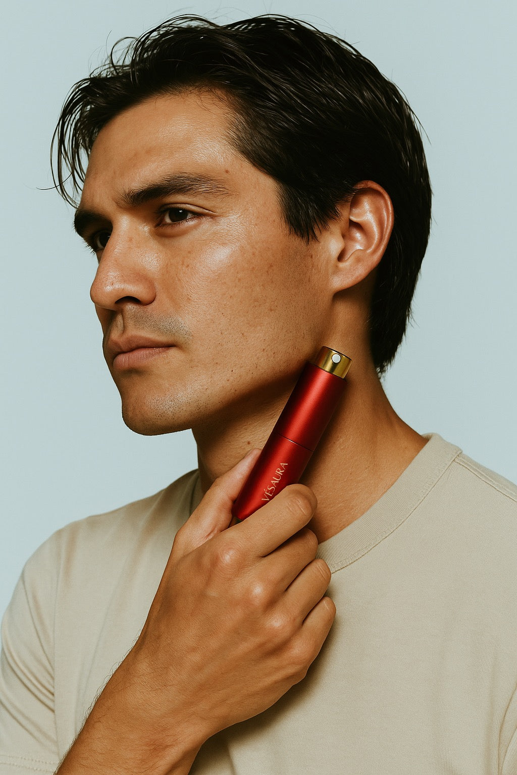 Male model holding the Vésaura Ruby perfume case gently against his jawline, conveying a confident and refined look.