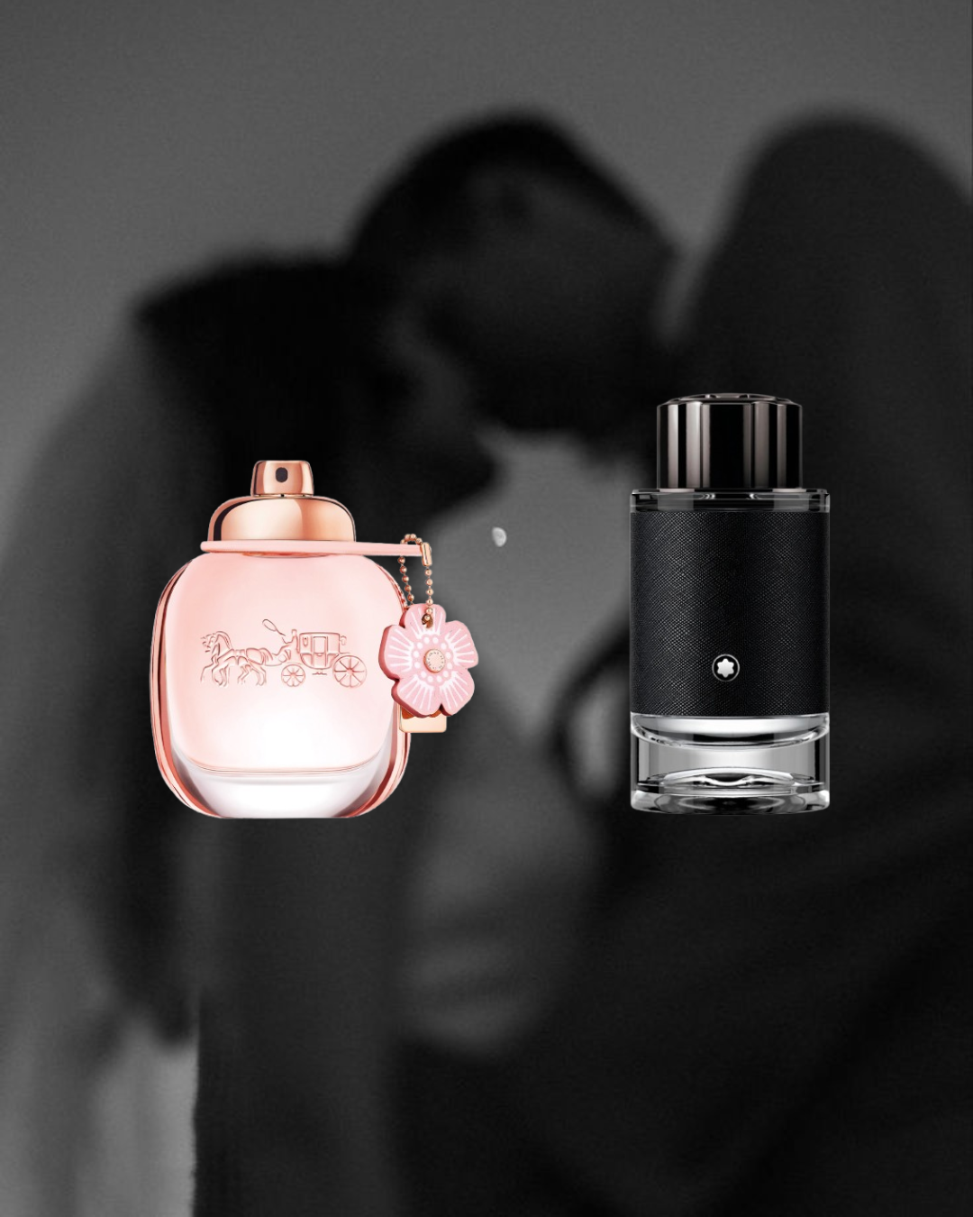 Black and white background of a couple about to kiss, with two Vésaura perfumes in color in the foreground: Coach Floral and Montblanc Explorer, representing a romantic and elegant fragrance bundle.