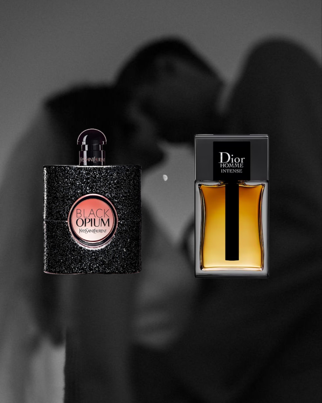 Black and white background of a couple about to kiss, with two Vésaura perfumes in color in the foreground: Yves Saint Laurent Black Opium and Dior Homme Intense, representing a romantic and elegant fragrance bundle.