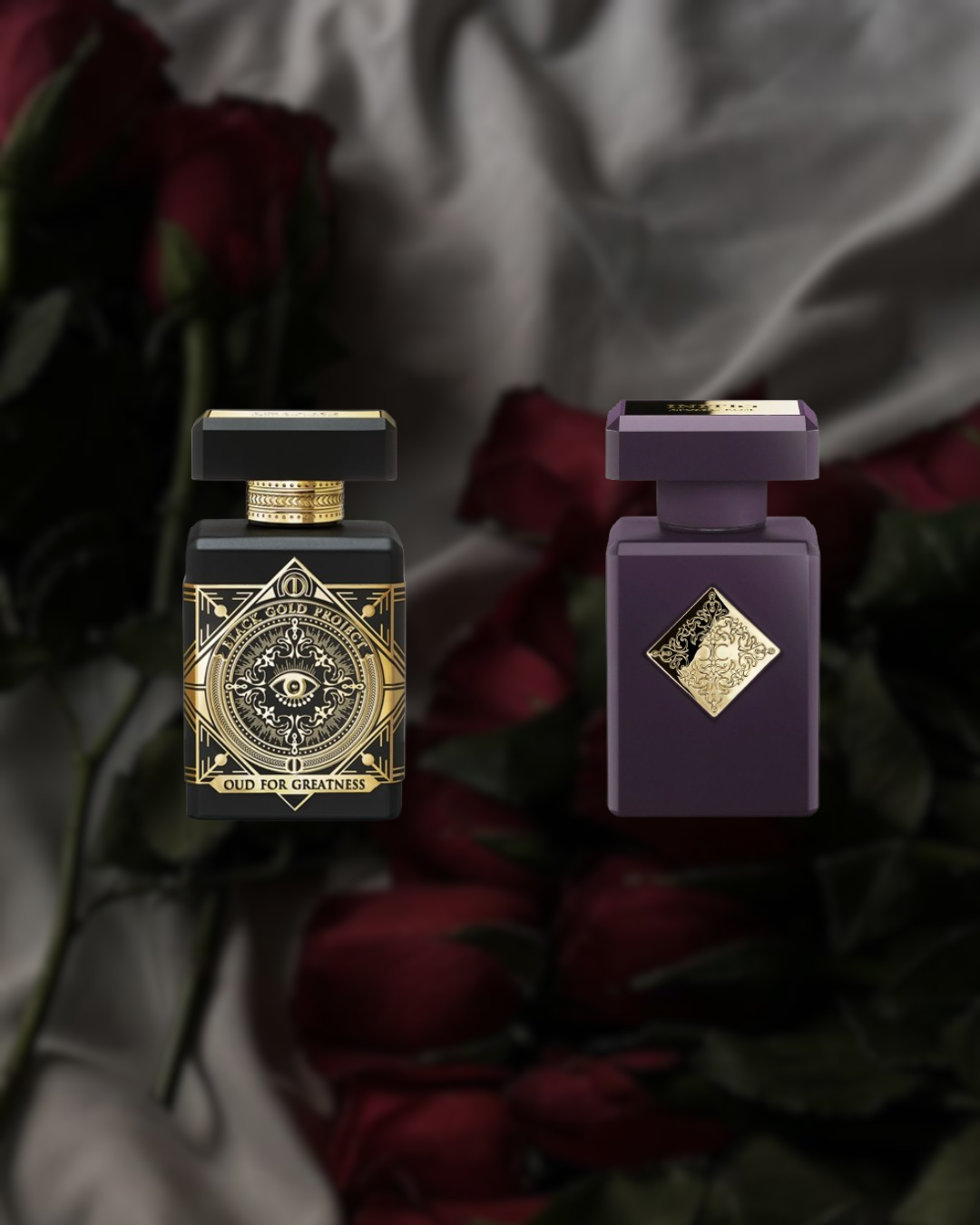 Stylish composition featuring two men’s perfumes — Initio Parfums Privés Oud for Greatness and Initio Parfums Privés Atomic Rose — from the Vésaura layering bundle, set against a bold and modern background, designed to inspire unique fragrance combinations.