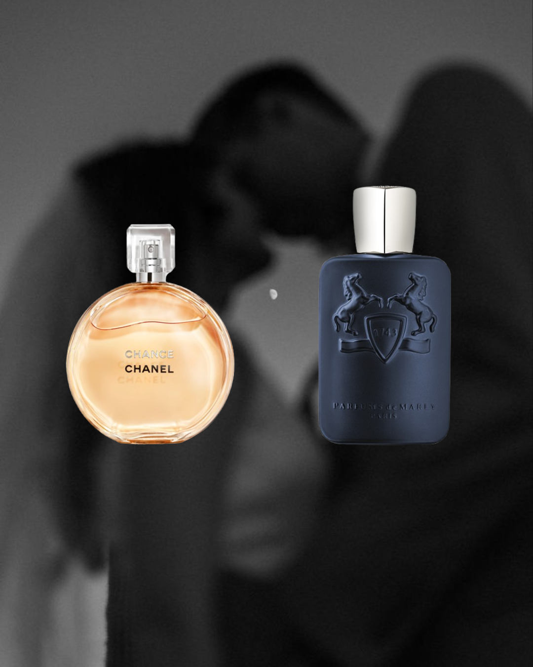 Black and white background of a couple about to kiss, with two Vésaura perfumes in color in the foreground: Chanel Chance and Parfums de Marly, representing a romantic and elegant fragrance bundle.