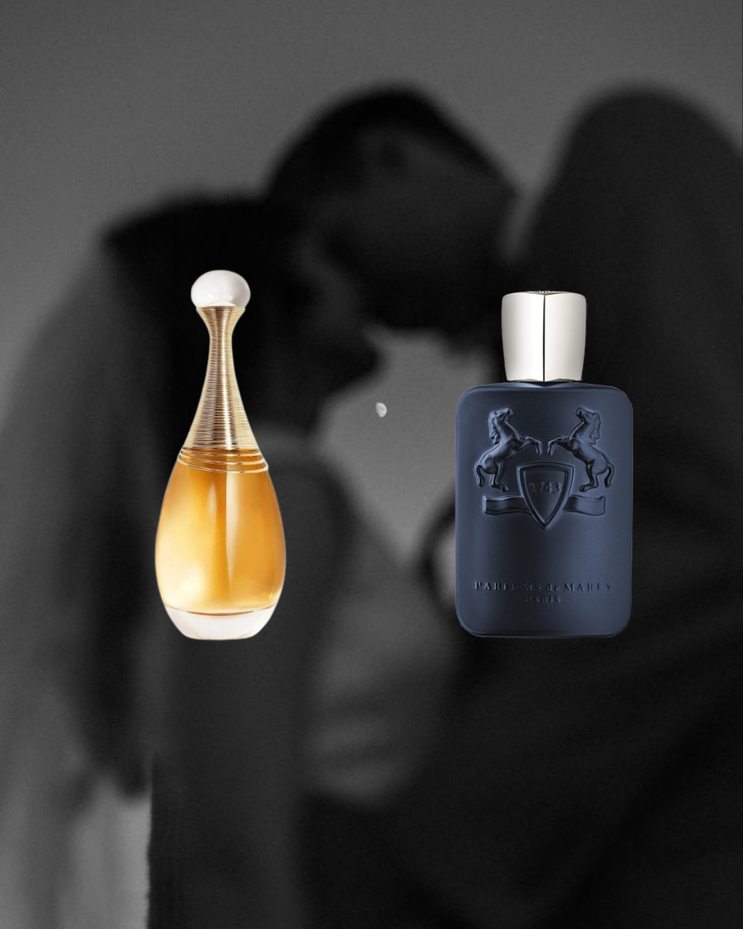 Black and white background of a couple about to kiss, with two Vésaura perfumes in color in the foreground: Dior J'adore and Parfums de Marly Layton, representing a romantic and elegant fragrance bundle.