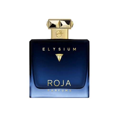 A sleek bottle of Roja Parfums Elysium Pour Homme, with its luxurious blue hue and gold accents, set against an elegant backdrop, reflecting the fragrance's fresh, refined, and sophisticated character.