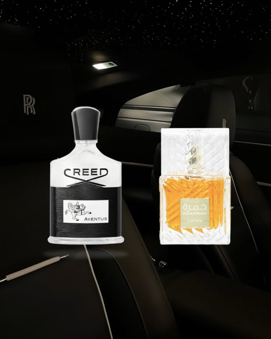 Black and white background of a couple about to kiss, with two Vésaura perfumes in color in the foreground: Creed Aventus and Lattafa Khamrah, representing a romantic and elegant fragrance bundle.