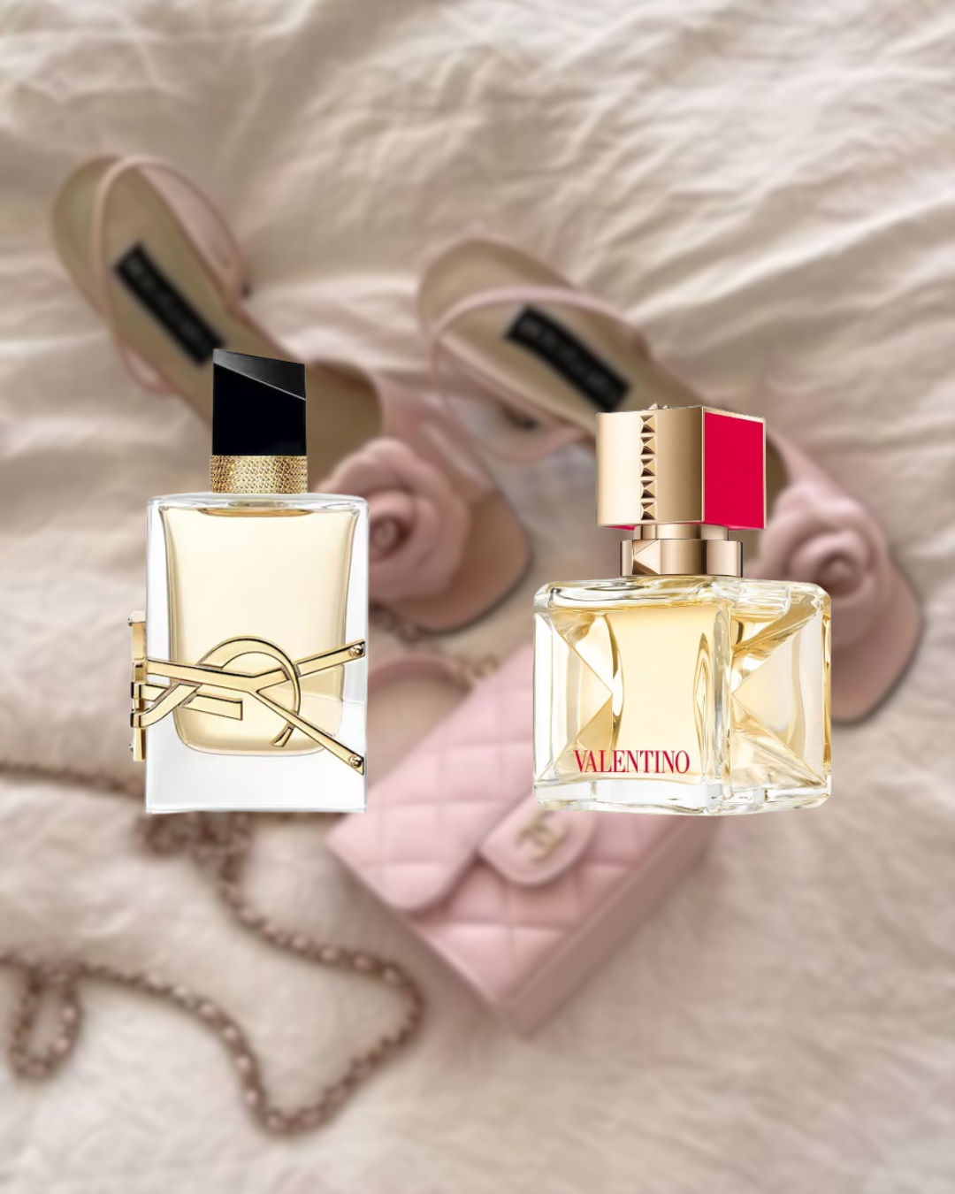 Stylish composition featuring two men’s perfumes — Yves Saint Laurent Libre and Valentino Voce Viva — from the Vésaura layering bundle, set against a bold and modern background, designed to inspire unique fragrance combinations.
