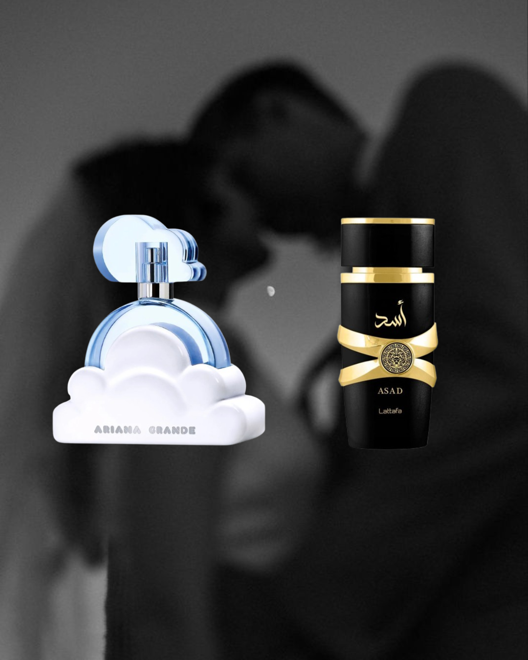 Black and white background of a couple about to kiss, with two Vésaura perfumes in color in the foreground: Ariana Grande Cloud and Lattafa Asad, representing a romantic and elegant fragrance bundle.