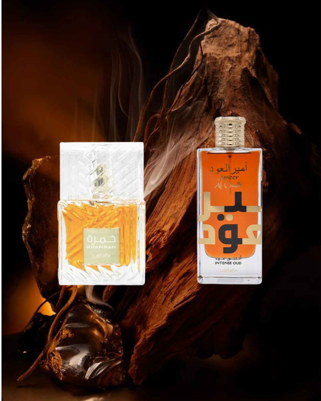 Stylish composition featuring two men’s perfumes — Lattafa Khamrah and Lattafa Ameer Al Oudh Intense Oud — from the Vésaura layering bundle, set against a bold and modern background, designed to inspire unique fragrance combinations.