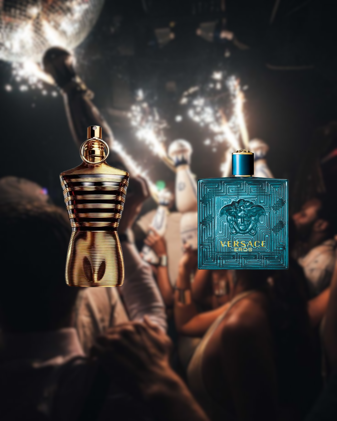 Stylish composition featuring two men’s perfumes — Jean Paul Gaultier Le Male Elixir and Versace Eros — from the Vésaura layering bundle, set against a bold and modern background, designed to inspire unique fragrance combinations.
