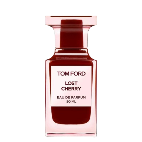 A sleek and elegant bottle of Tom Ford Lost Cherry EDP, with its minimalist design and transparent background, showcasing the bold and indulgent fragrance inside.