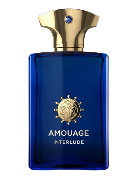 Amouage Interlude Man fragrance bottle, featuring a luxurious and ornate design with rich blue hues, representing a bold and complex scent that combines notes of smoky incense, leather, and spices, ideal for those who appreciate opulent and distinctive niche perfumes.