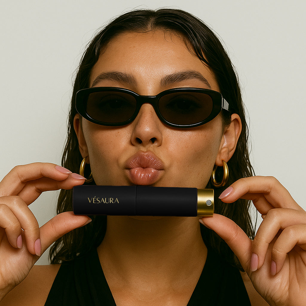 Brunette model with curly hair and sunglasses, kissing toward the camera while holding the sleek Vésaura Onyx perfume case, capturing a confident and playful vibe.
