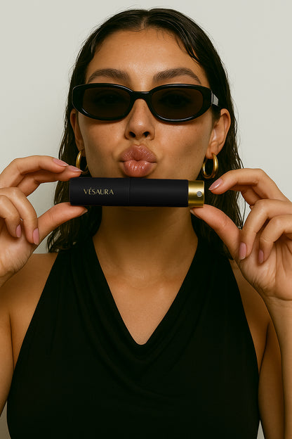 Brunette model with curly hair and sunglasses, kissing toward the camera while holding the sleek Vésaura Onyx perfume case, capturing a confident and playful vibe.
