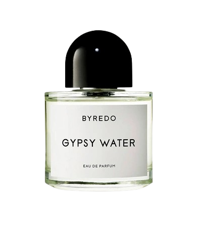 Byredo Gypsy Water fragrance bottle, showcasing a sleek and minimalist design with a clear glass silhouette, representing a fresh and woody scent that blends notes of bergamot, juniper berries, and sandalwood, ideal for those who appreciate a unique and earthy niche fragrance.