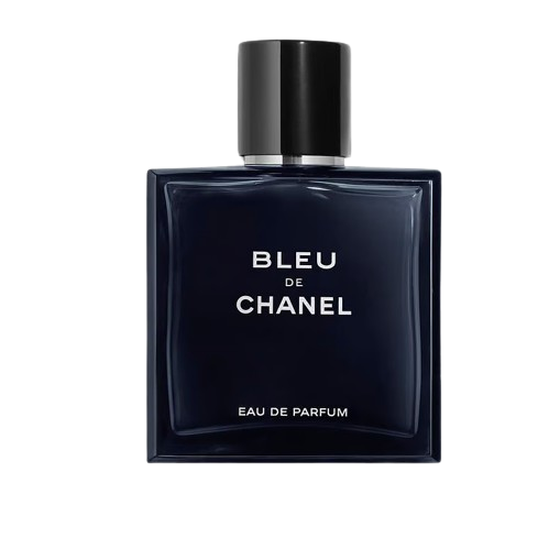 Chanel Bleu de Chanel Eau de Parfum bottle, showcasing a sleek and elegant design with a dark blue glass finish and a minimalist silhouette, representing a fresh and aromatic scent that blends notes of citrus, cedar, and incense, perfect for the sophisticated man who embodies confidence and timeless style.