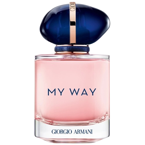 Giorgio Armani My Way Eau de Parfum fragrance bottle, featuring a chic and modern design with a striking blue cap, representing a bold and floral scent that blends bright citrus and white flowers, perfect for the confident woman embracing her individuality and global journey.