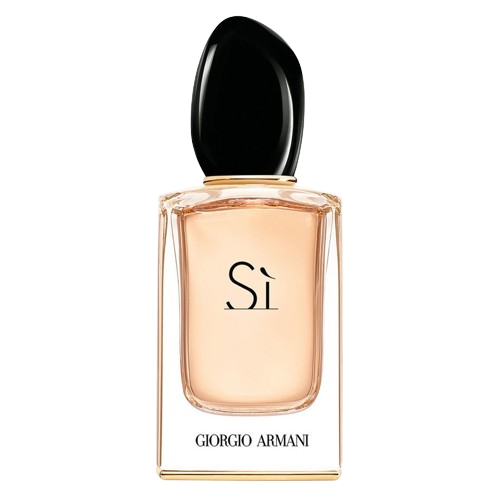 Giorgio Armani Si Eau de Parfum bottle, featuring a sleek and elegant design with a rounded silhouette and a signature black cap, representing a luxurious and modern scent that blends notes of blackcurrant and vanilla, perfect for the sophisticated woman.