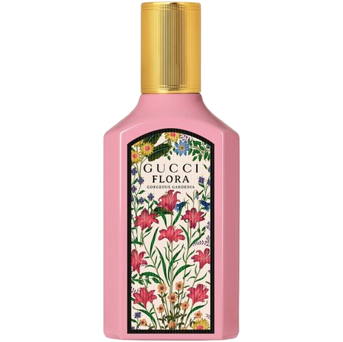 Gucci Flora Gorgeous Gardenia Eau de Parfum fragrance bottle, showcasing its luxurious design adorned with floral motifs, representing a vibrant and enchanting scent that blends gardenia and white florals, perfect for celebrating femininity and elegance on any occasion.