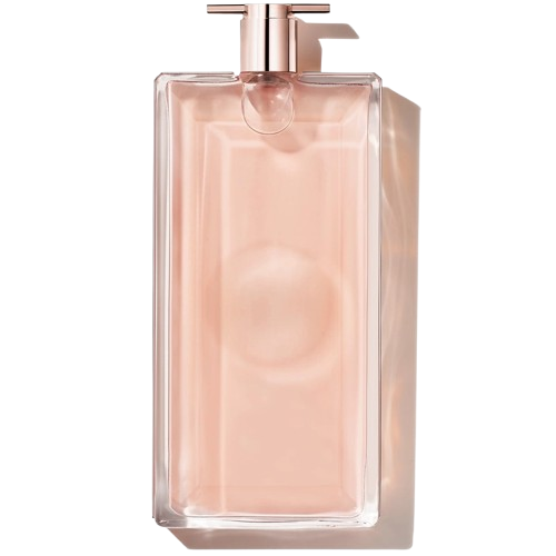 Lancôme Idôle Eau de Parfum fragrance bottle, showcasing its sleek and minimalist design with a unique silhouette, symbolizing a modern and empowering floral scent that combines rose and jasmine notes, perfect for the contemporary woman who inspires and leads.