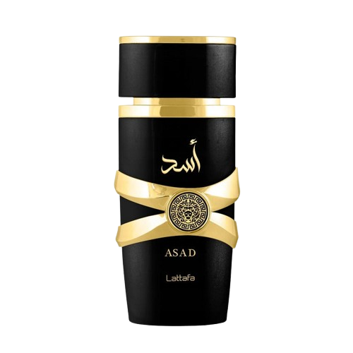 Lattafa Asad EDP fragrance bottle, featuring a bold and luxurious design with rich gold accents and a sleek black finish, representing an intense and exotic Eau de Parfum with warm and spicy notes, ideal for those seeking an opulent and long-lasting fragrance experience.