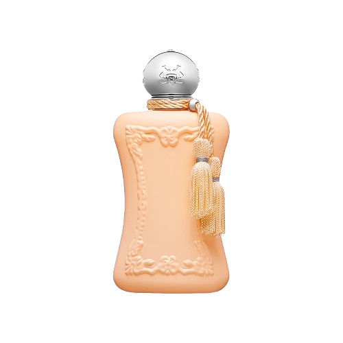 A luxurious, elegant bottle of Parfums de Marly Cassili with a sleek, feminine design, featuring a rich pink color and gold accents, symbolizing sophistication and allure.