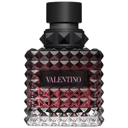 Valentino Donna Born in Roma Intense Eau de Parfum fragrance bottle, featuring a bold and elegant design with a textured black glass finish, representing a rich and sophisticated scent that combines warm floral and woody notes, perfect for the modern woman seeking to express her strength and femininity.