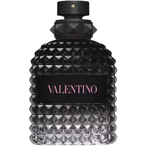 Valentino Uomo Born in Roma Eau de Toilette fragrance bottle, showcasing its contemporary design with a textured black glass finish, representing a sophisticated and bold scent profile that blends fresh notes with warm spices, ideal for modern men who embrace their individuality.