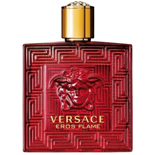 Versace Eros Flame Eau de Parfum fragrance bottle, featuring a vibrant and bold design with a striking red and gold color scheme, symbolizing a passionate and intense scent that blends warm spices and citrus notes, perfect for the charismatic man who embodies confidence and allure.