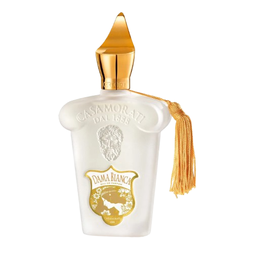 Xerjoff Casamorati 1888 Dama Bianca EDP fragrance bottle, featuring an ornate and vintage-inspired design with a beautiful, delicate color scheme, representing a floral and elegant scent that combines notes of bergamot, jasmine, and vanilla, perfect for those who seek a luxurious and sophisticated niche fragrance.