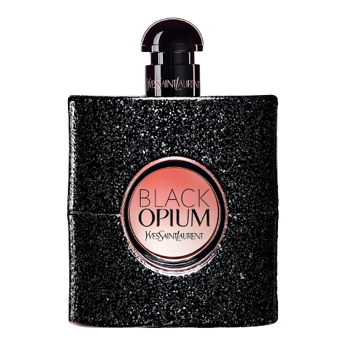 Yves Saint Laurent Black Opium Eau de Parfum bottle, featuring a striking and edgy design with a glittery black finish and a unique coffee bean-inspired shape, representing a bold and seductive scent that combines notes of coffee, vanilla, and white flowers, perfect for the modern woman seeking a captivating fragrance.